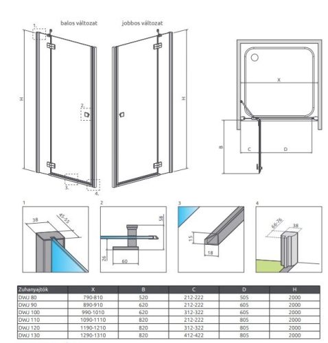 Torrenta DWJ 120 nyílóajtós zuhanyajtó méretei