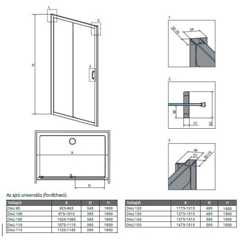 Radaway Premium Plus DWJ 105 cm tolóajtós zuhanyajtó