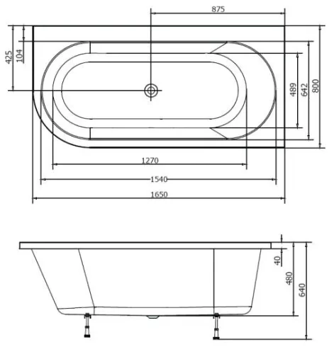 Astra 165x80 aszimmetrikus akrilkád, jobbos méretei