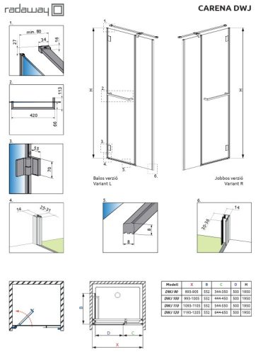 Carena DWJ 120 nyílóajtós zuhanyajtó méretek