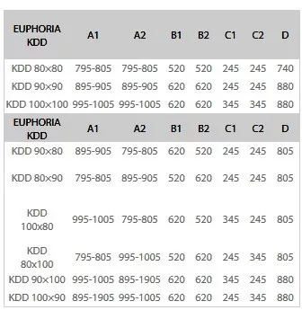 Euphoria KDD 90 szögletes, nyílóajtós zuhanykabin méretek