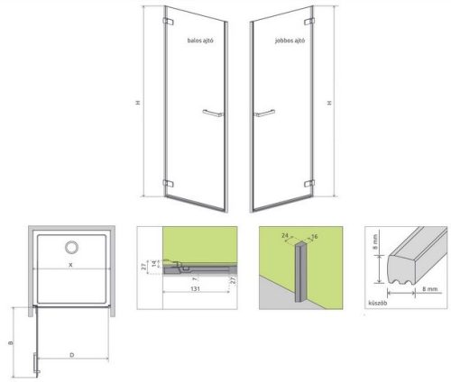 Arta DWJ I. 90 zuhanyajtó méretei