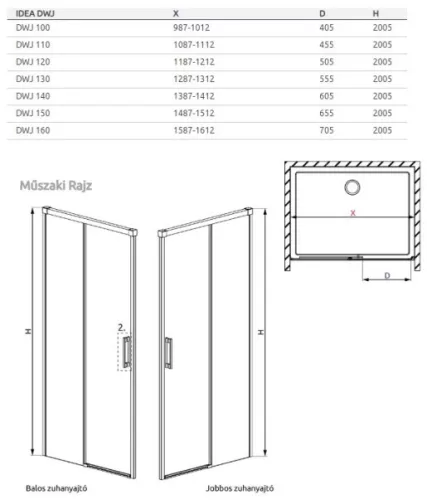 Idea Black DWJ 130 cm tolóajtós zuhanyajtó méretei