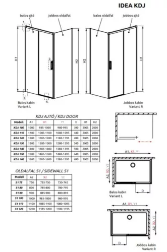 Idea Black KDJ 110x80 cm tolóajtós zuhanykabin méretei