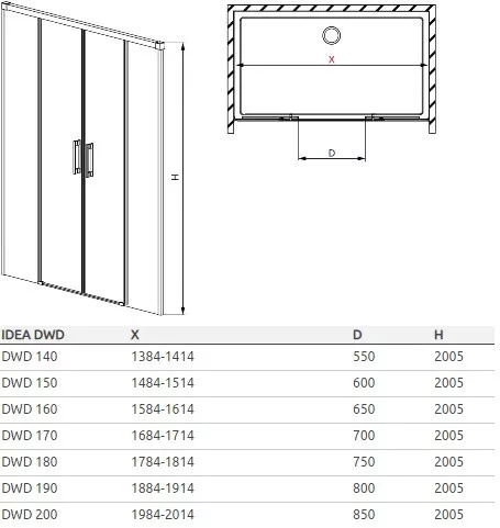 Idea Black DWD 190 cm tolóajtós zuhanyajtó méretei