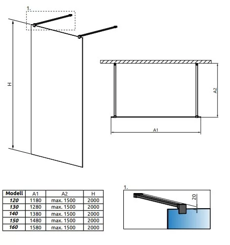 Modo New Black I 160 cm Walk-in zuhanyfal méretei