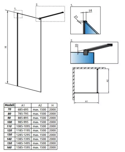 Modo New Black II 70 cm Walk-in zuhanyfal méretek