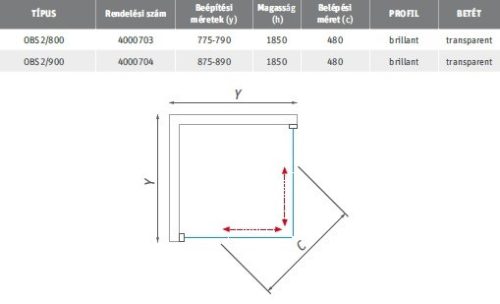 OBS2 90x90 szögletes zuhanykabin méretei