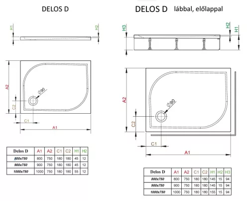 Delos D 80x75 szögletes zuhanytálca méretei