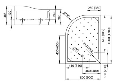 Korfu E 120x90 íves magasított zuhanytálca méretei