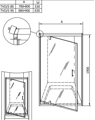 Luna TVO/S-80 nyílóajtós zuhanyajtó méretei