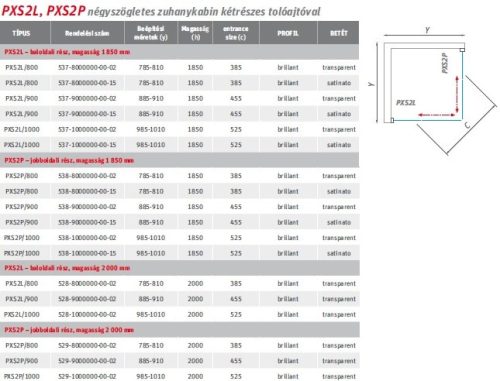 PXS2L+PXS2P 80x90 szögletes zuhanykabin méretei