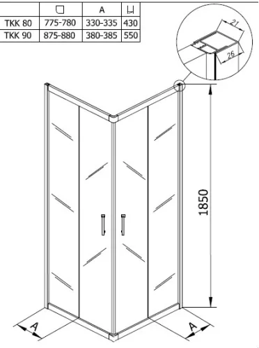 Eco Quat TKK 90x90 szögletes zuhanykabin  méretei