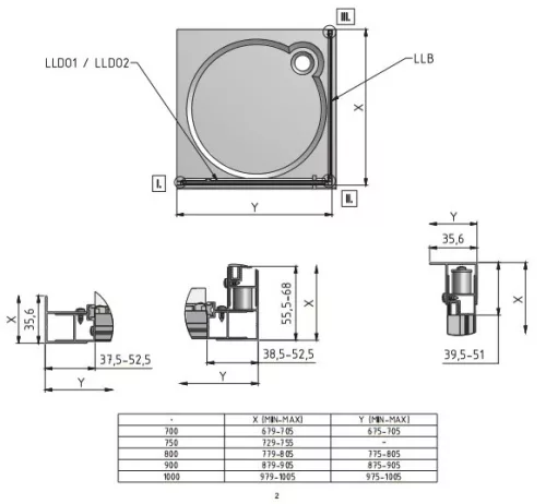 LLDO1 + LLB 90x100 szögletes zuhanykabin méretei
