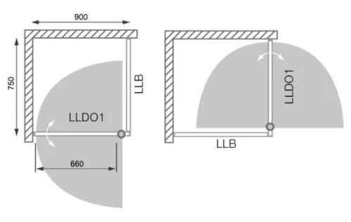 LLDO1 + LLB 90x75 szögletes zuhanykabin rajz