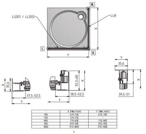 LLDO1 + LLB 90x90 szögletes zuhanykabin méretei