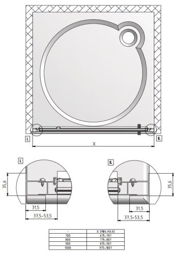 LLDO1-90 nyílóajtós zuhanyajtó méretei
