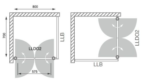 LLDO2 + LLB 80x70 szögletes zuhanykabin rajz