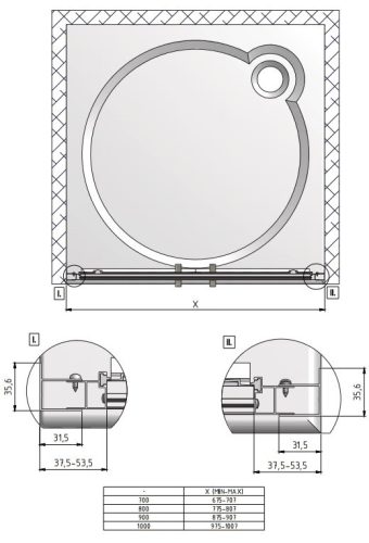 LLDO2-80 nyílóajtós zuhanyajtó méretei