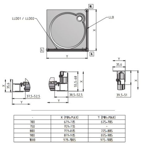 LLDO2 + LLB 90x90 szögletes zuhanykabin méretei