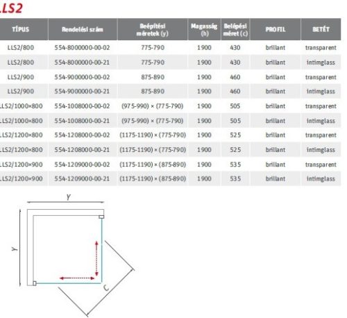 LLS2-90 szögletes zuhanykabin méretei