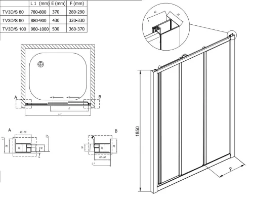 Luna  TV3D/S 80 cm tolóajtós zuhanyajtó méretei