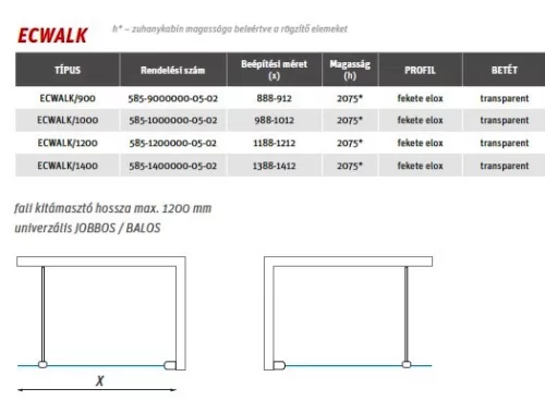 ECWALK 90 cm keret nélküli zuhanyfal méretek