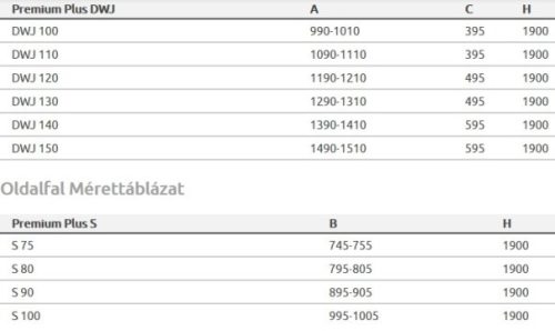 Premium Plus DWJ+S 150x100 tolóajtós zuhanykabin méretek