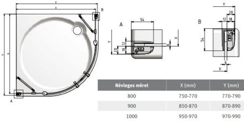TR2 90 íves nyílóajtós zuhanykabin méretei