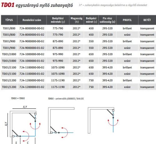 TDO1+TDO1 80 szögletes nyílóajtós zuhanykabin méretek