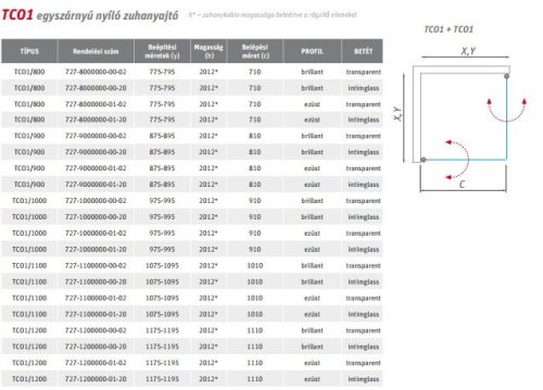 TCO1+TCO1 90 szögletes nyílóajtós zuhanykabin méretek