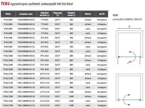 TCN1 120 nyílóajtós zuhanyajtó méretei