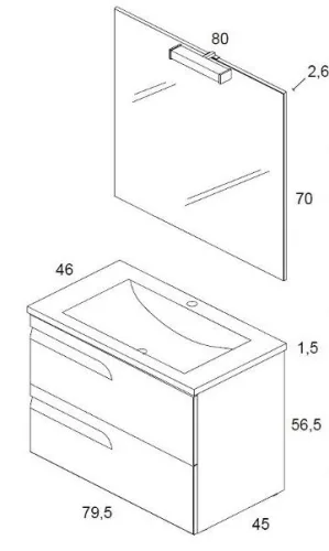 Vitale 80 cm fali fürdőszobabútor Kyra mosdóval, tükörrel méretei