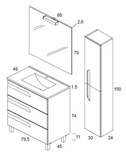 Vitale 80 cm fürdőszobabútor Kyra mosdóval, tükörrel méretei