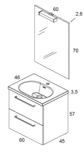 Easy 60 cm fali fürdőszobabútor Kyra mosdóval, tükörrel méretei