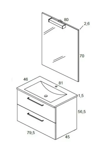 Easy 80 cm fali fürdőszobabútor Kyra mosdóval, tükörrel méretei