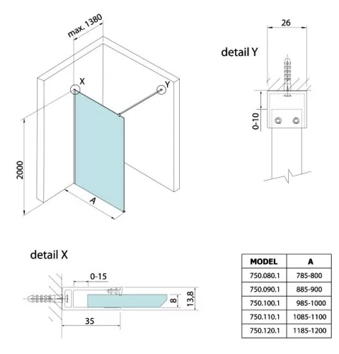 Bruckner Spitza 90 cm walk-in fix zuhanyfal