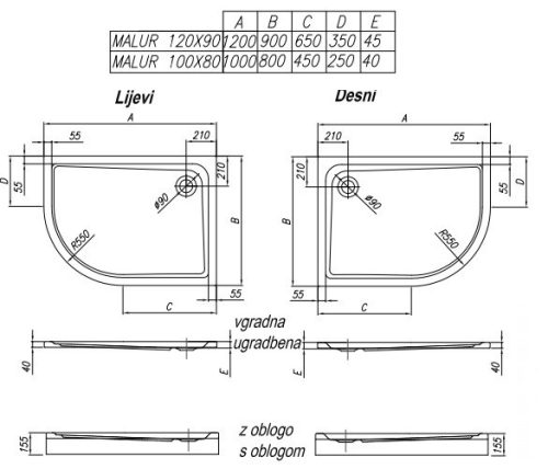 Malur 100x80 íves akril zuhanytálca méretei