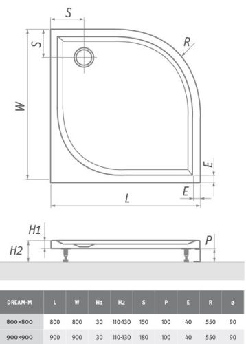 Dream-M 90 íves öntött márvány zuhanytálca méret