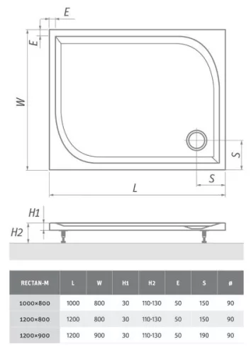 Rectan-M 120x90 téglalap öntött márvány zuhanytálca méretei