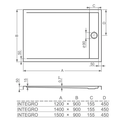 Integro 150x90 téglalap zuhanytálca méretei