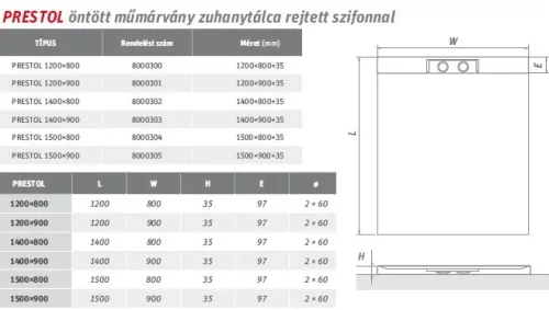 Prestol 140x80 öntött márvány zuhanytálca méretei