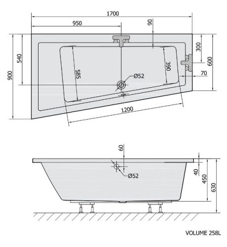 Polysan Andra 170x90 aszimmetrikus akril kád matt fekete