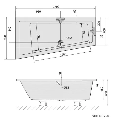 Polysan Andra 170x90 aszimmetrikus akril kád matt fekete