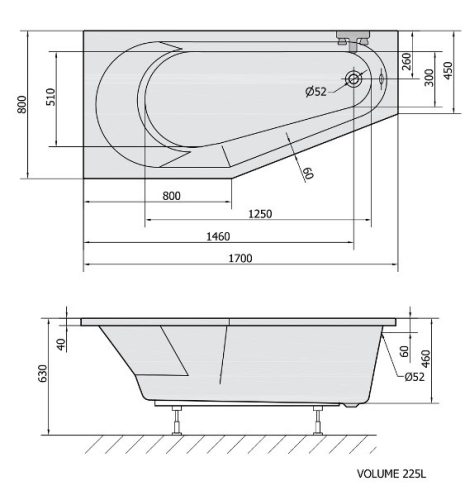 Polysan Tigra 170x80 aszimmetrikus akril kád matt fekete