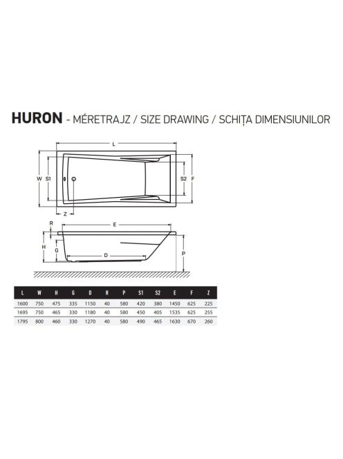 Huron 170x75 normál akril kád méretei