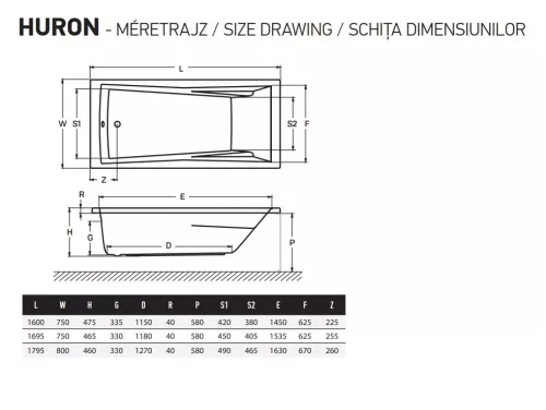 Huron 170x75 normál akril kád méretei
