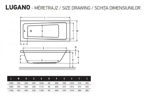Lugano 170x70 akril kád méretei