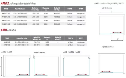 AMD2 140+AMB 80 szögletes, tolóajtós zuhanykabin méretei