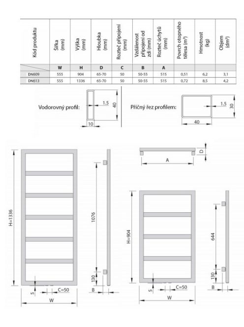 Enix Boston fürdőszobai csőradiátor 550x904 méretei
